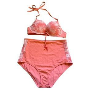 NWT Aerie Bikini Charley Top & Sky Hi-Rise Bottom 36C/XL Coral Knit